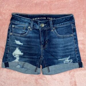 American Eagle Distressed Next Level Stretch Cuffed Denim Shorts, Size 0